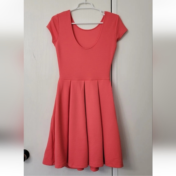French Connection Dress Sz 4 Ribbed Stretch Fit & Flare Pink Coral Peach Pocket - Picture 3 of 9